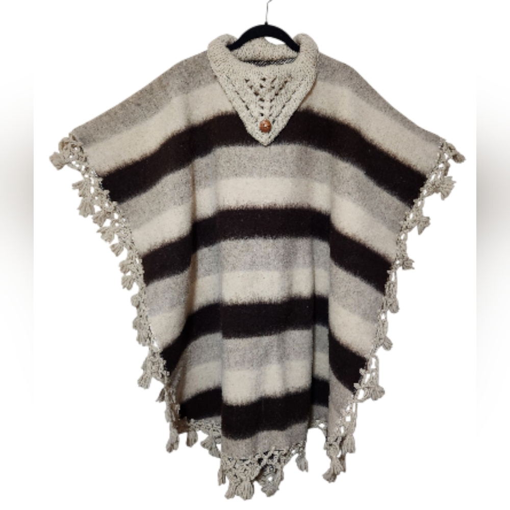 Vintage Mexican Wool Knit Striped Fringe Poncho Open Sides  One Size